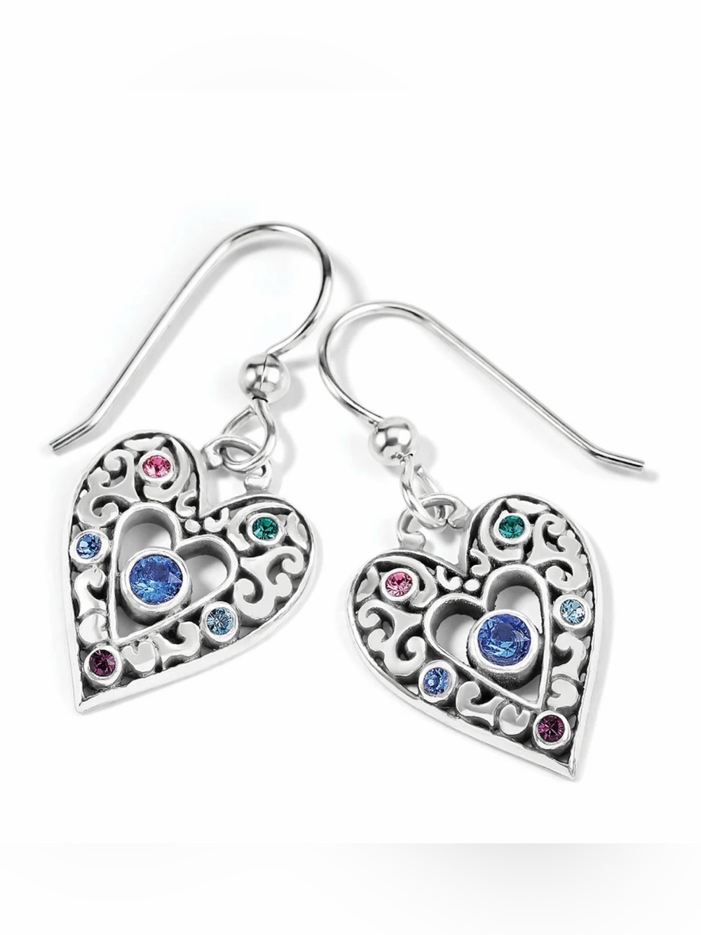 Brighton Silver Heart Earrings with Multicolor Gem Accents